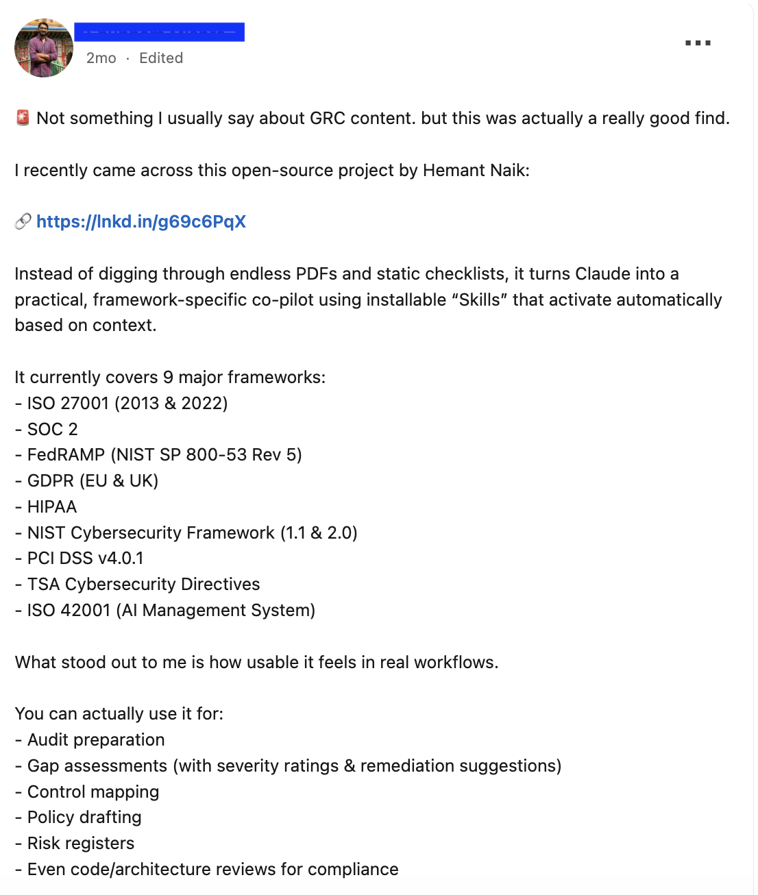 Shubham Mishra's LinkedIn post about GRC Claude Skills