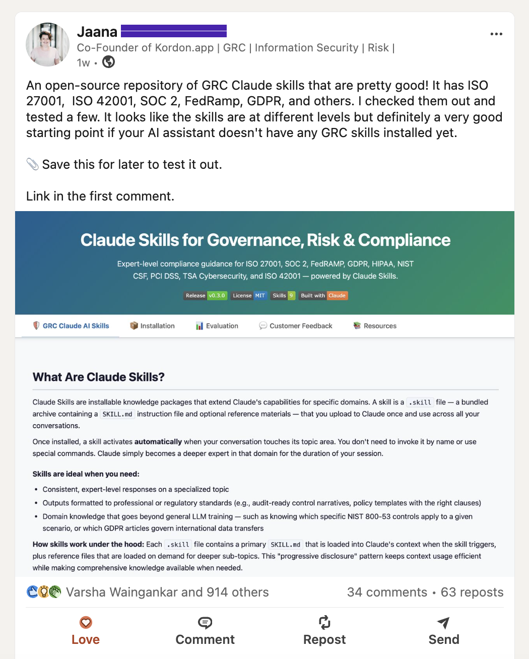 Jaana Metsamaa's LinkedIn post about GRC Claude Skills