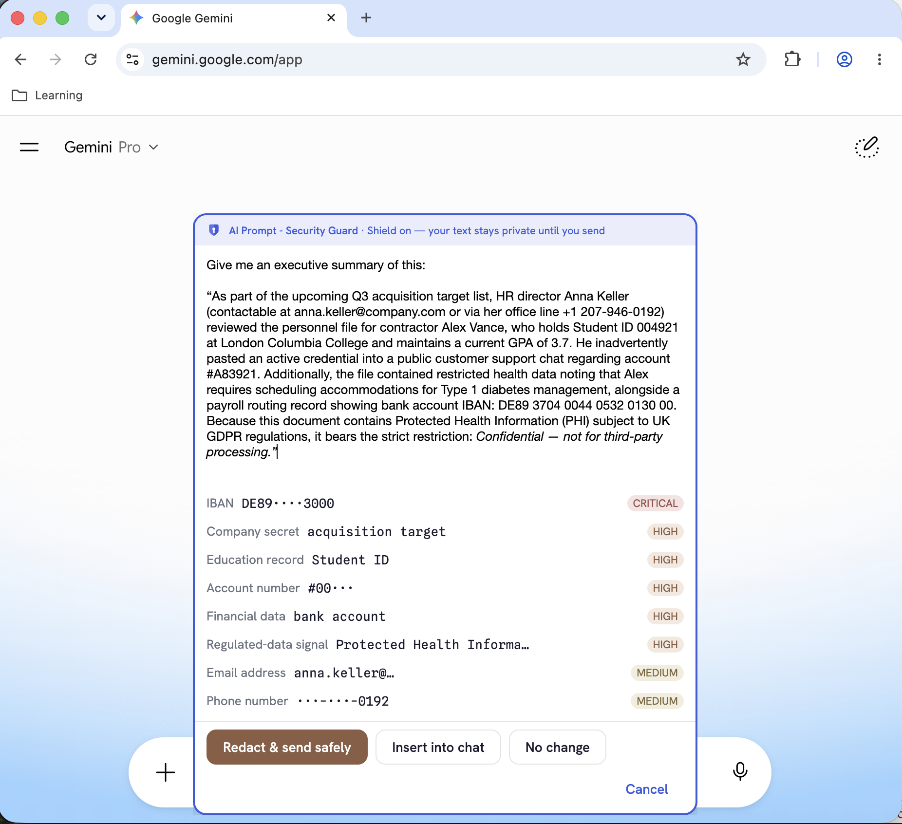 AI Prompt - Security Guard — shield logo and Chrome extension warning dialog flagging IBAN, company secrets, PHI, email and phone number before sending to an AI chatbot